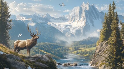 a stunning mountain landscape captured in this digital art piece, with elements of frostpunk and wildlife photography