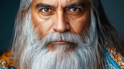 Intense close-up portrait of a wise elder with long white beard