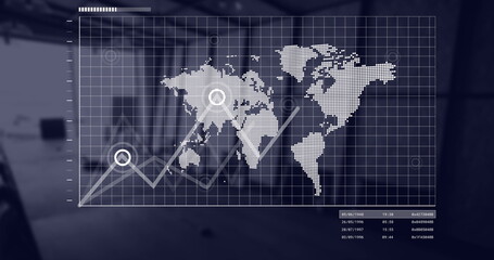 Image of world map and data processing over office