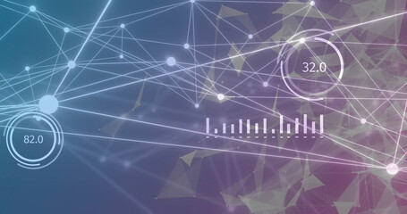 Image of network of connections with statistics on dark background