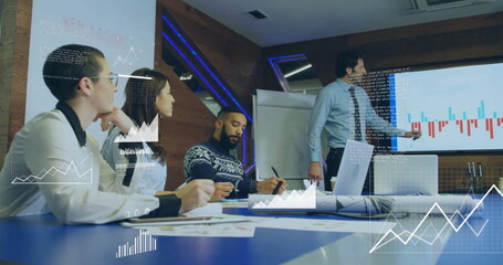 Image of data processing over diverse business people in office