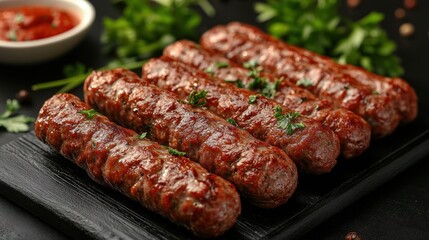 Grilled sausages, herbs, dark background, food photography
