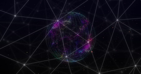 Image of network of connections with spots over globe on dark background