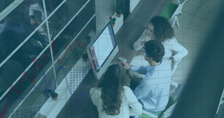 Image of financial data processing over diverse business people in office