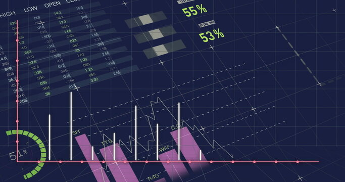 Image of financial data processing over blue background - Powered by Adobe