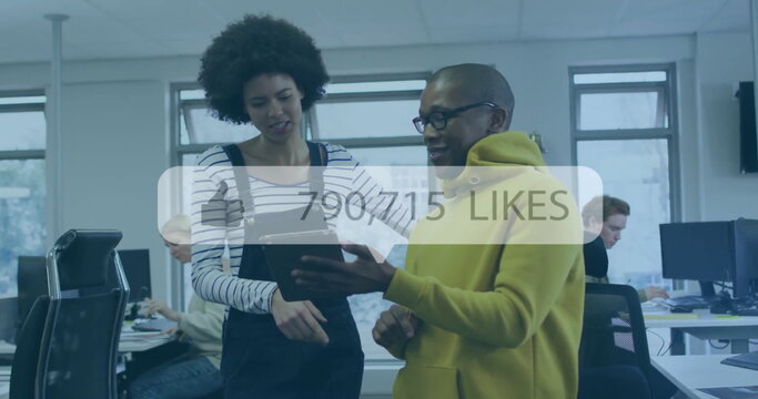 Image of social media data processing over diverse business people in office