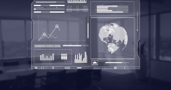 Image of globe, statistics and data processing over office - Powered by Adobe