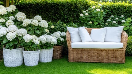 Fototapeta premium Enjoy a vibrant garden featuring hydrangea flowers, lush plants, and cozy seating under the sun in a serene outdoor space