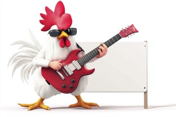 A chicken is playing a guitar in sunglasses