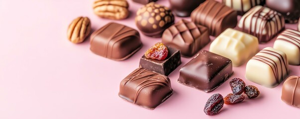 An assortment of luxurious chocolates on a pink background, perfect for dessert lovers.
