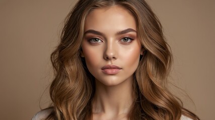 Naklejka premium Elegant portrait of a young woman with long wavy hair against a neutral background
