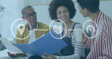 Image of icons and data processing over diverse business people in office