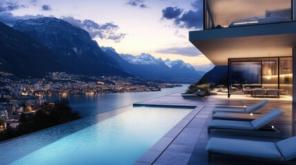 Fototapeta premium Elegant modern villa with twilight hues, majestic mountain backdrop, shimmering infinity pool, and panoramic views of a sparkling skyline.