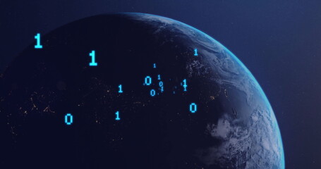 Image of binary coding digital data processing over globe