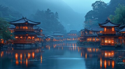 Obraz premium Enchanting Night in China: Illuminated Water Village