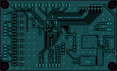 Tracing conductors of printed circuit board
of electronic device. Vector engineering 
drawing of pcb design. Electric background.
Computer technic cad project.
