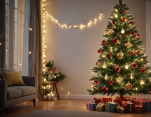 beautifully decorated Christmas tree with fairy lights and ornaments, winter wonderland, decorated tree