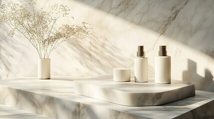 Elegant skincare bottles and containers placed on marble, offering a clean and sophisticated look for a minimalist beauty concept.
