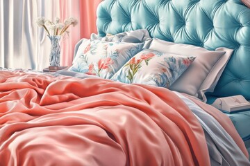 A bed with a pink headboard and white sheets
