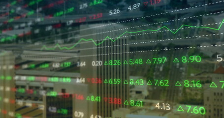 Image of stock market and diagrams over cityscape
