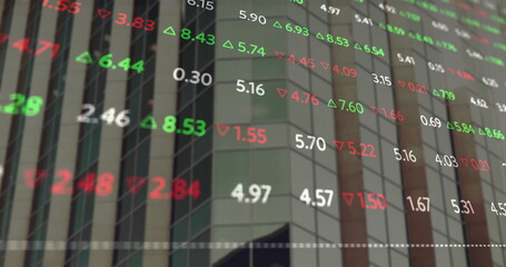 Image of stock market and diagrams over cityscape