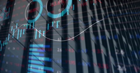 Image of stock market and data processing over cityscape