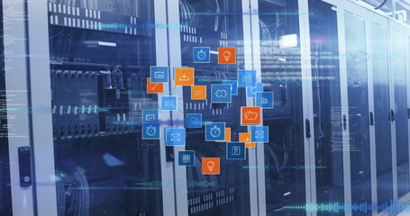 Image of connections and digital data processing over computer servers