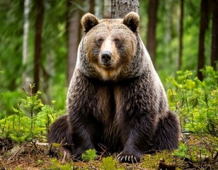 Fototapeta premium Brown bear has sat down and is relaxing in the forest.