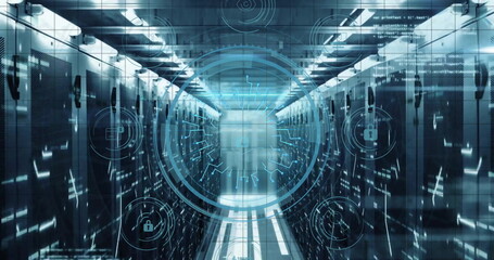 Image of cyber security text and digital data processing over computer servers