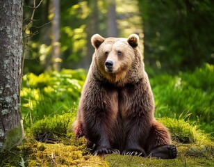 Obraz premium Brown bear has sat down and is relaxing in the forest.