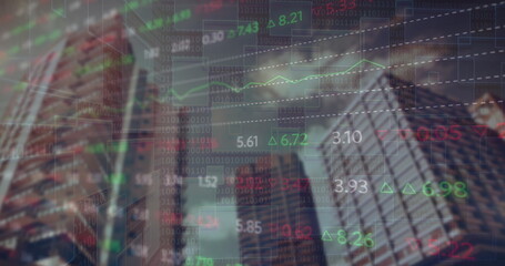 Image of stock market and diagrams over cityscape