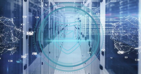 Image of cyber security text and digital data processing over computer servers