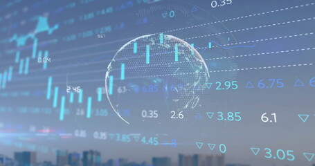 Image of stock market and diagrams over globe and cityscape