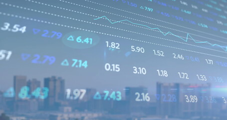 Image of stock market and diagrams over cityscape