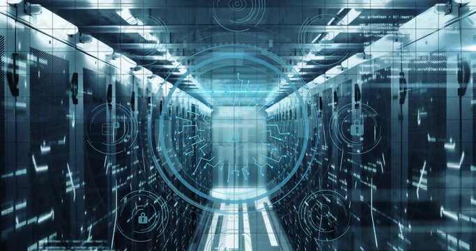 Image of cyber security text and digital data processing over computer servers