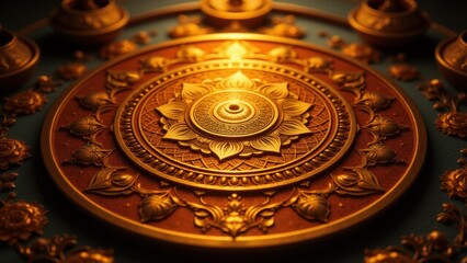 Fototapeta premium Minimalist photo of a vibrant Dharma wheel within a mandala featuring intricate patterns glowing under warm light.