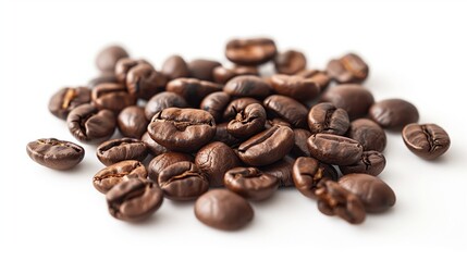Fototapeta premium Close-up of roasted coffee beans scattered on a clean white background, showcasing their rich brown color, smooth texture, and inviting, aromatic appeal.