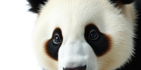 Obraz premium Close-up of giant panda's face on white background, nose, ears, facial features