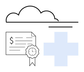 Cloud outline above healthcare cross and financial document with ribbon. Ideal for cloud storage, healthcare, e-certification, financial security, digital contracts, remote work, online learning