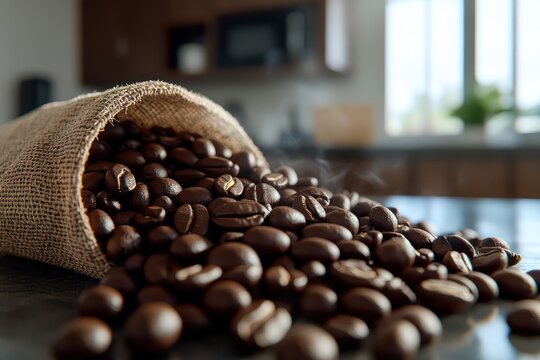 A close-up of fresh coffee beans spilling out of a burlap sack, softly lit with a blurred rustic kitchen in the background