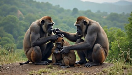 Obraz premium Gorilla Family Grooming in Lush Green Mountain Habitat