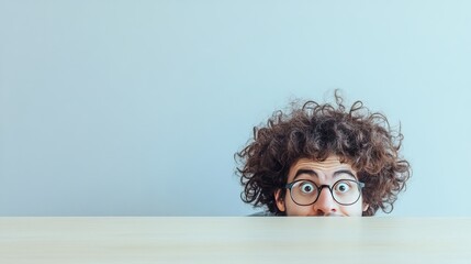 Funny nerd peeking from behind the desk, with glasses quirky expression, isolated on white background. Humorous playful concept of a geek or tech enthusiast sneaking a look, with copy space for text