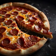A close-up shot of a delicious pepperoni pizza with a slice being pulled away, showcasing gooey...
