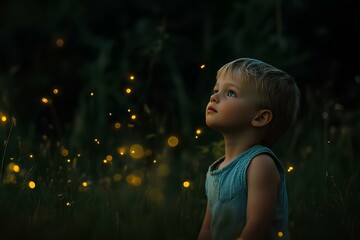 Little boy, Fireflies, and Magical Night Exploring, Discovering, Childhood, Summer 