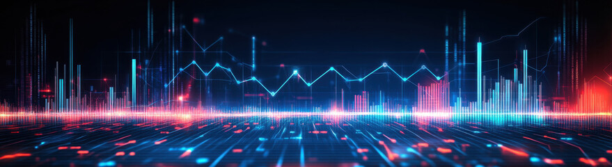 The display illustrates an intricate pattern of statistical data represented through fluctuating lines and bars in vibrant blue and red hues, suggesting dynamic changes over time.