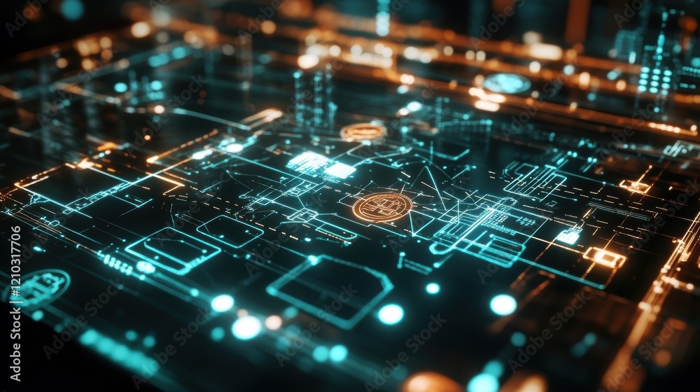 Poster futuristic digital circuit board processing bitcoin transactions with glowing lines and nodes repres