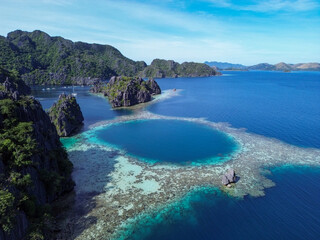 Aerial view oftwuin lagoon in Coron island, a hidden paradise of Philippines. High quality photo