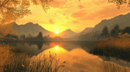 Majestic sunset over a calm lake, warm golden hues illuminating nearby mountains and trees, perfect for a peaceful and dreamy ambiance.