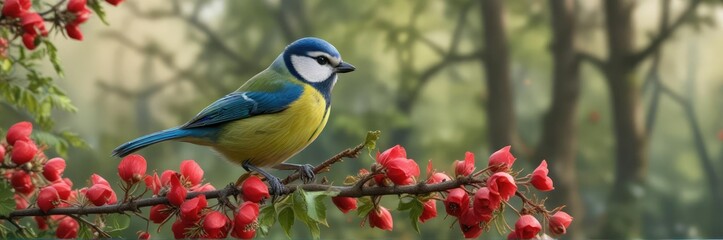 Obraz premium Blue tit perched on rose hip in woodland landscape, nature landscape, wildflowers, foliage