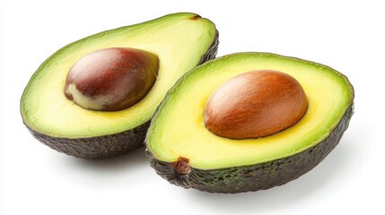 A fresh avocado cut in half revealing its smooth, creamy interior and large pit, Each avocado’s vibrant color and subtle imperfections captured with precision